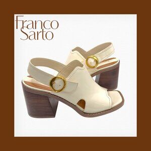 Franco Sarto AMY Cream Patent Slingback Block Heel Sandals Gold Buckle Sz. 7.5